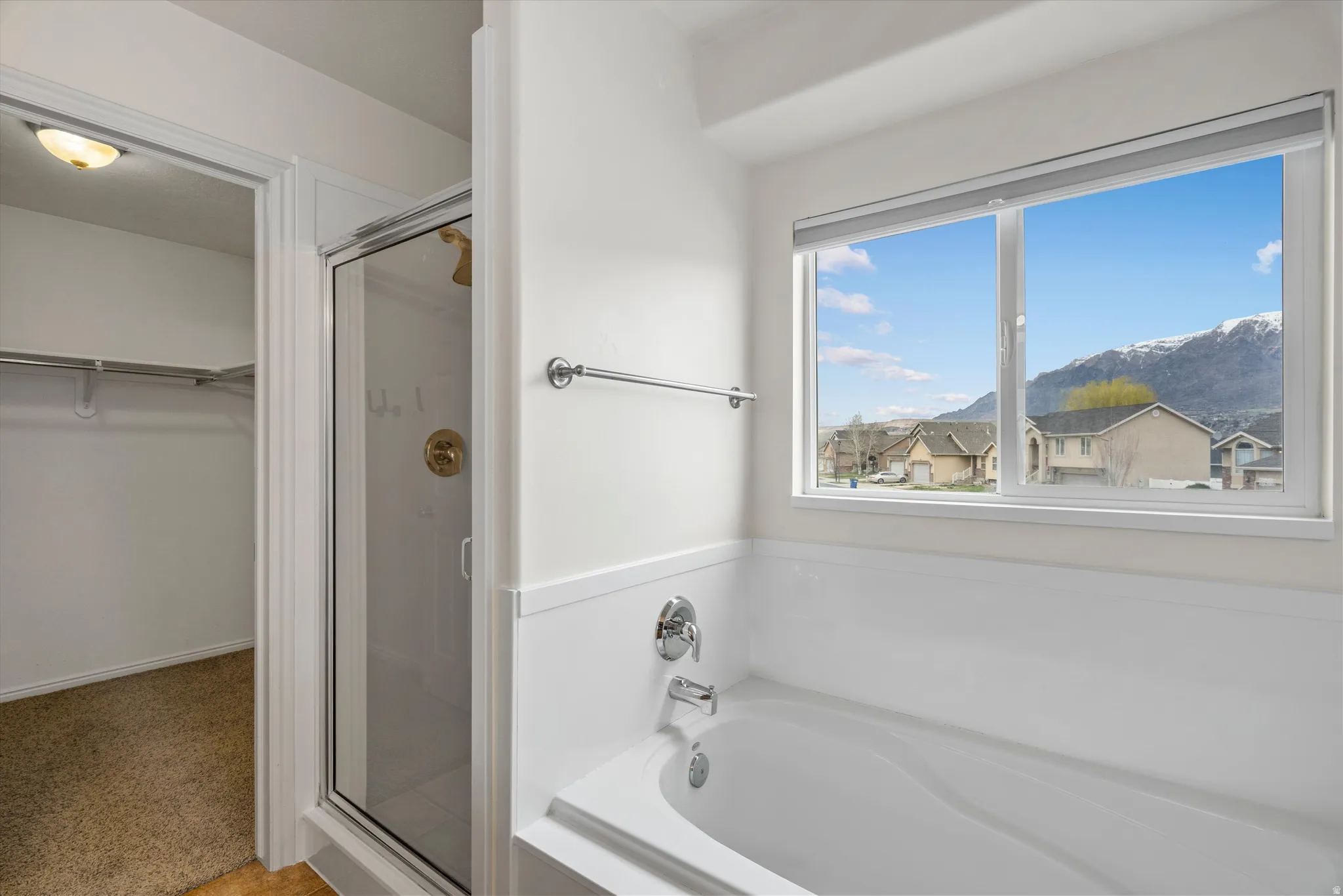 Bathroom featuring a spacious closet, a shower stall, a bath, a mountain view, and light carpet