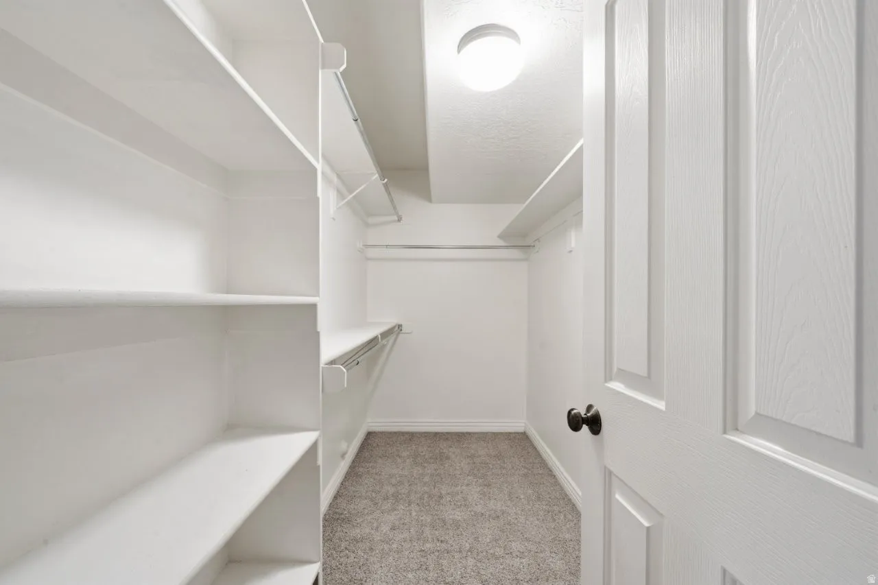Walk in closet featuring light colored carpet