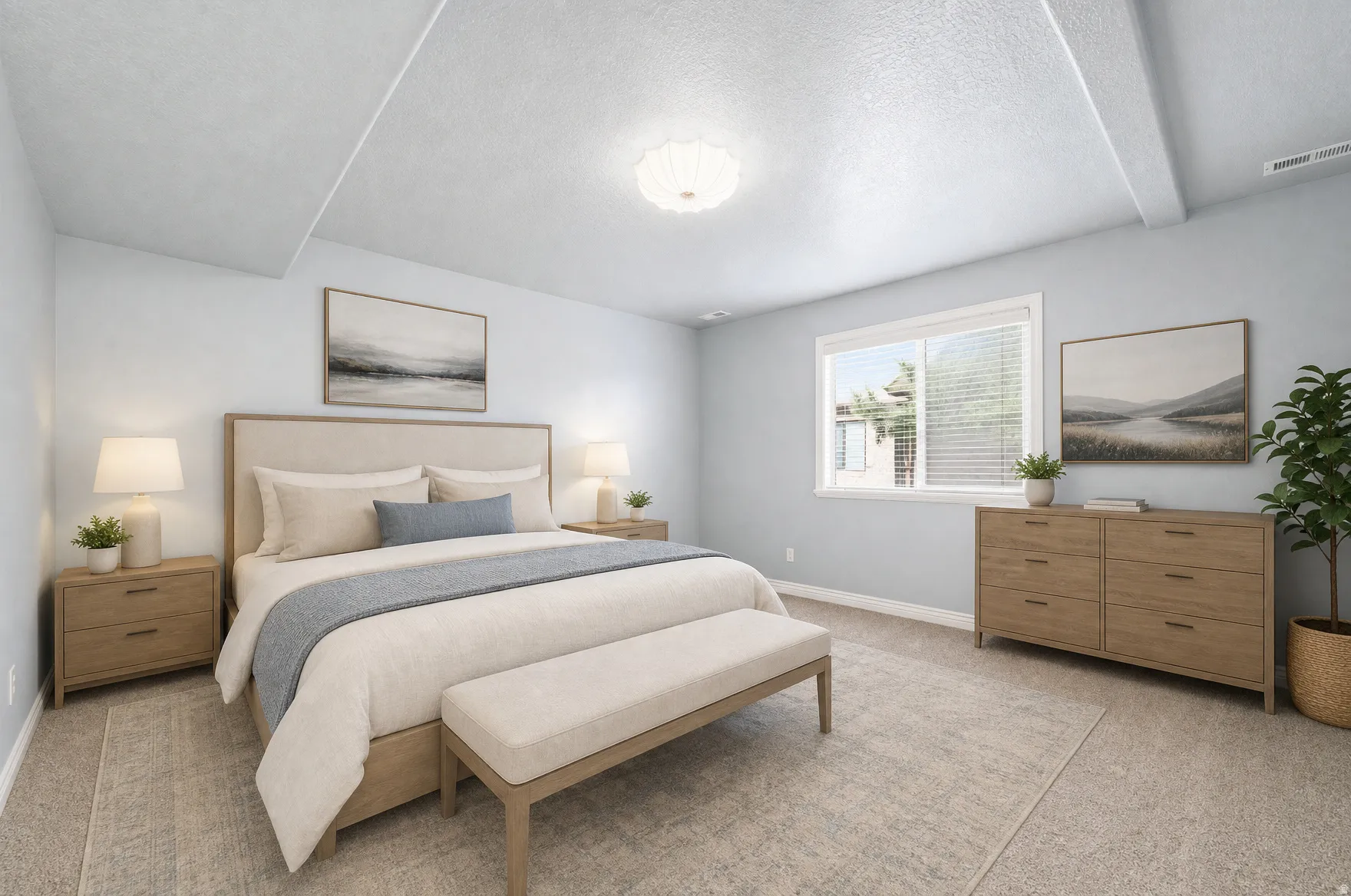Spacious bedroom featuring light-toned carpeting, a window with blinds, and ceiling beams