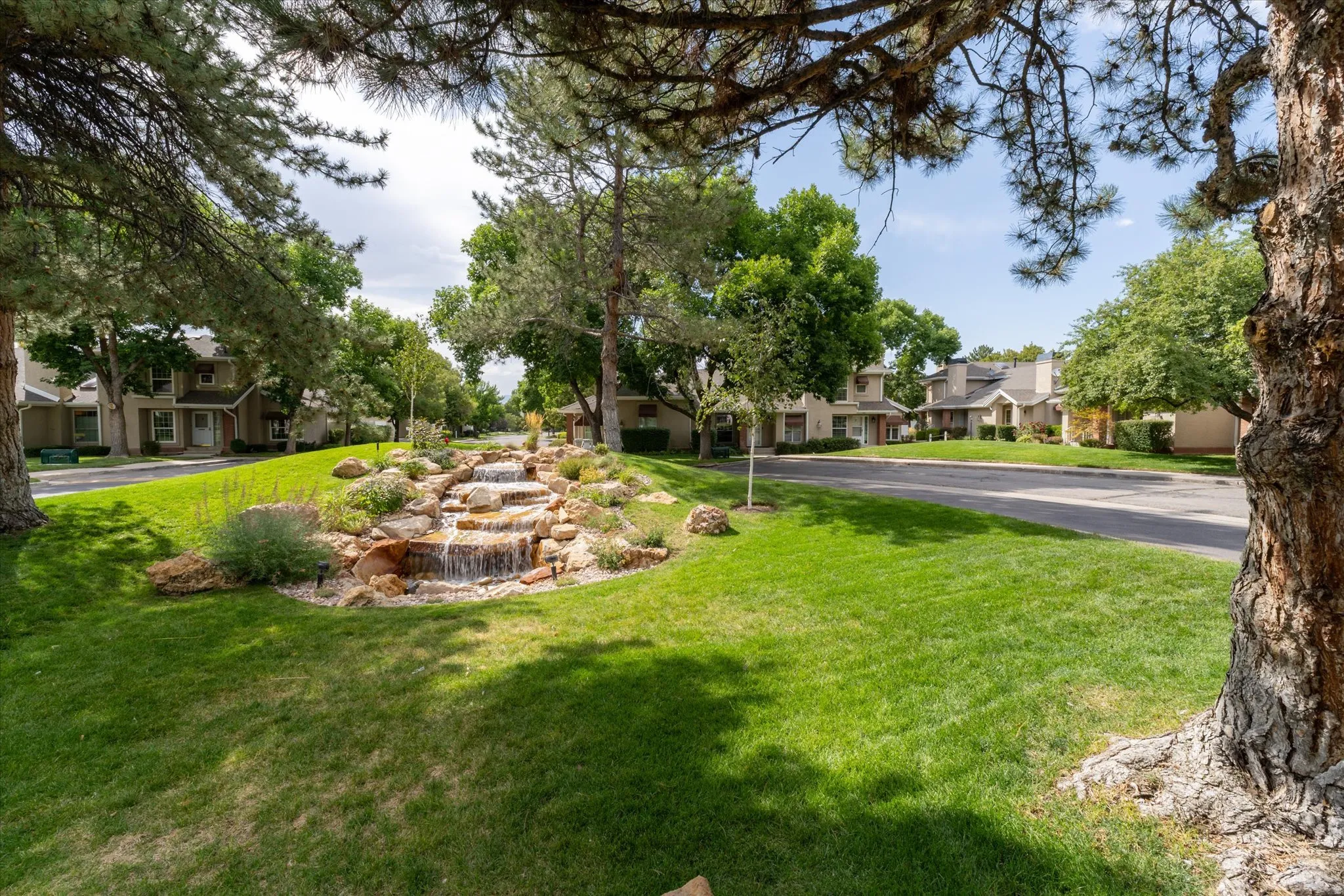 Beautifully maintained common area featuring lush lawns, mature trees, and a peaceful setting ideal for relaxing or enjoying the outdoors.