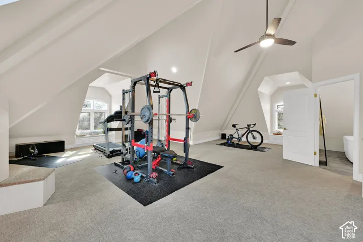 Workout area featuring light carpet, vaulted ceiling, and a ceiling fan