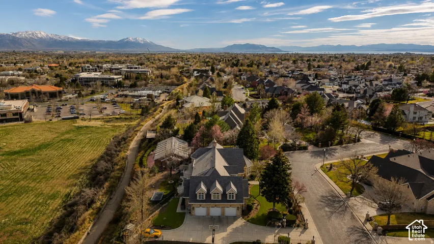 Aerial perspective showcasing a residential neighborhood with distant mountains and a body of water
