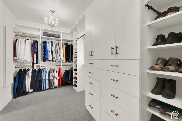Walk in closet featuring light colored carpet and hanging lights