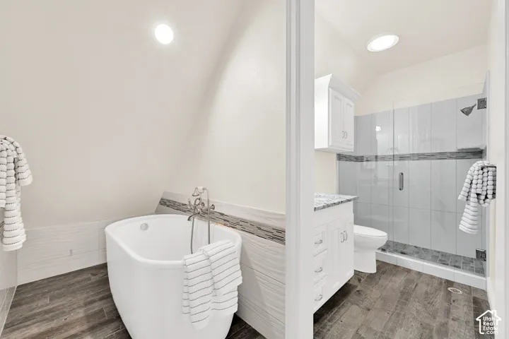 Bathroom with a stall shower, dark wood-style flooring, a freestanding bath, and vanity