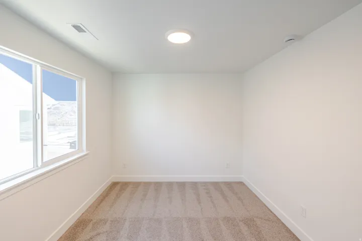 Carpeted room with white walls, a large window, a ceiling-mounted light fixture, and white baseboards