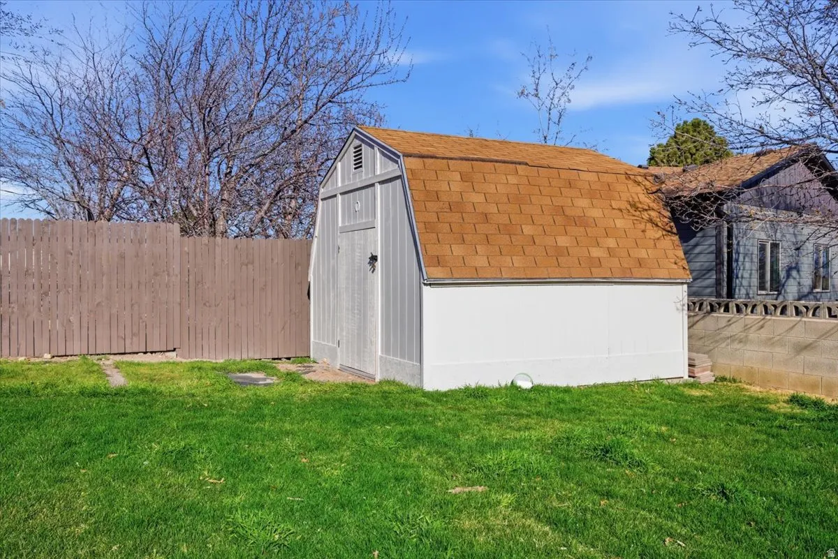 View of shed featuring a fenced backyard