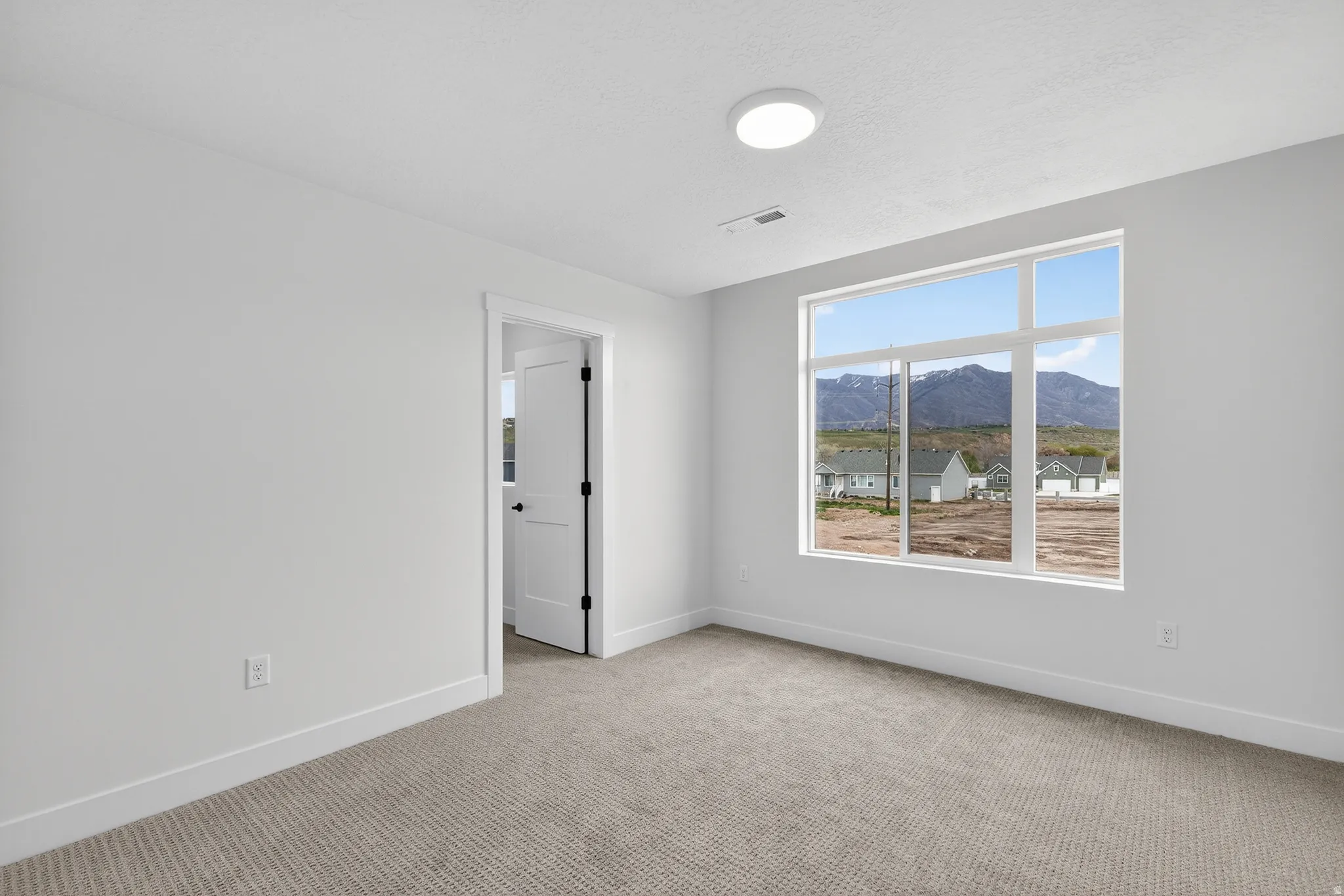 Empty room featuring a mountain view and light carpet
