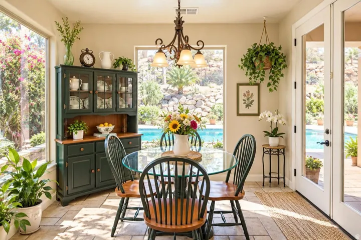 Tiled flooring, expansive windows, glass-paneled doors, wrought iron chandelier, and direct outdoor access