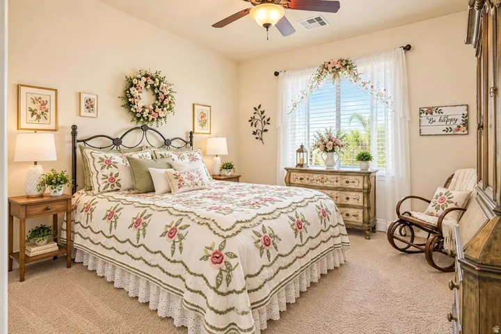 Carpeted bedroom with a ceiling fan, window with blinds, and light-toned walls