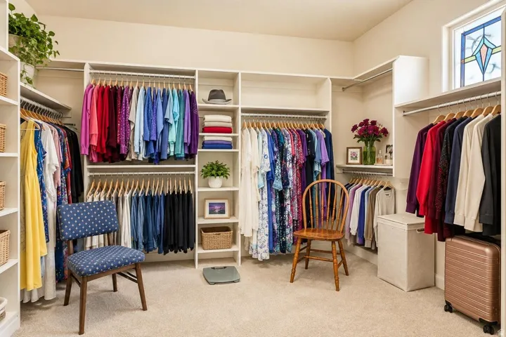 Custom closet system featuring multiple hanging rods, integrated shelving, and a decorative stained glass window
