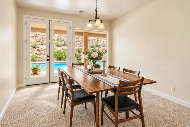 Glass-paneled double doors open to a built-in pool
