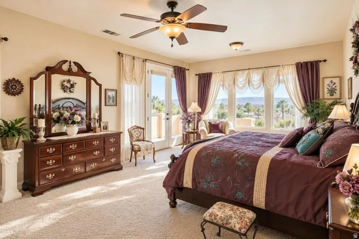 Expansive room with large windows, a ceiling fan, and carpeted flooring