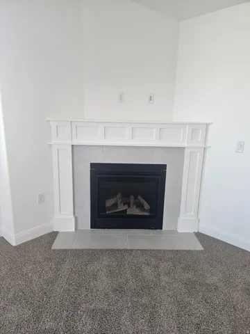 Detailed view of a tile fireplace and carpet flooring