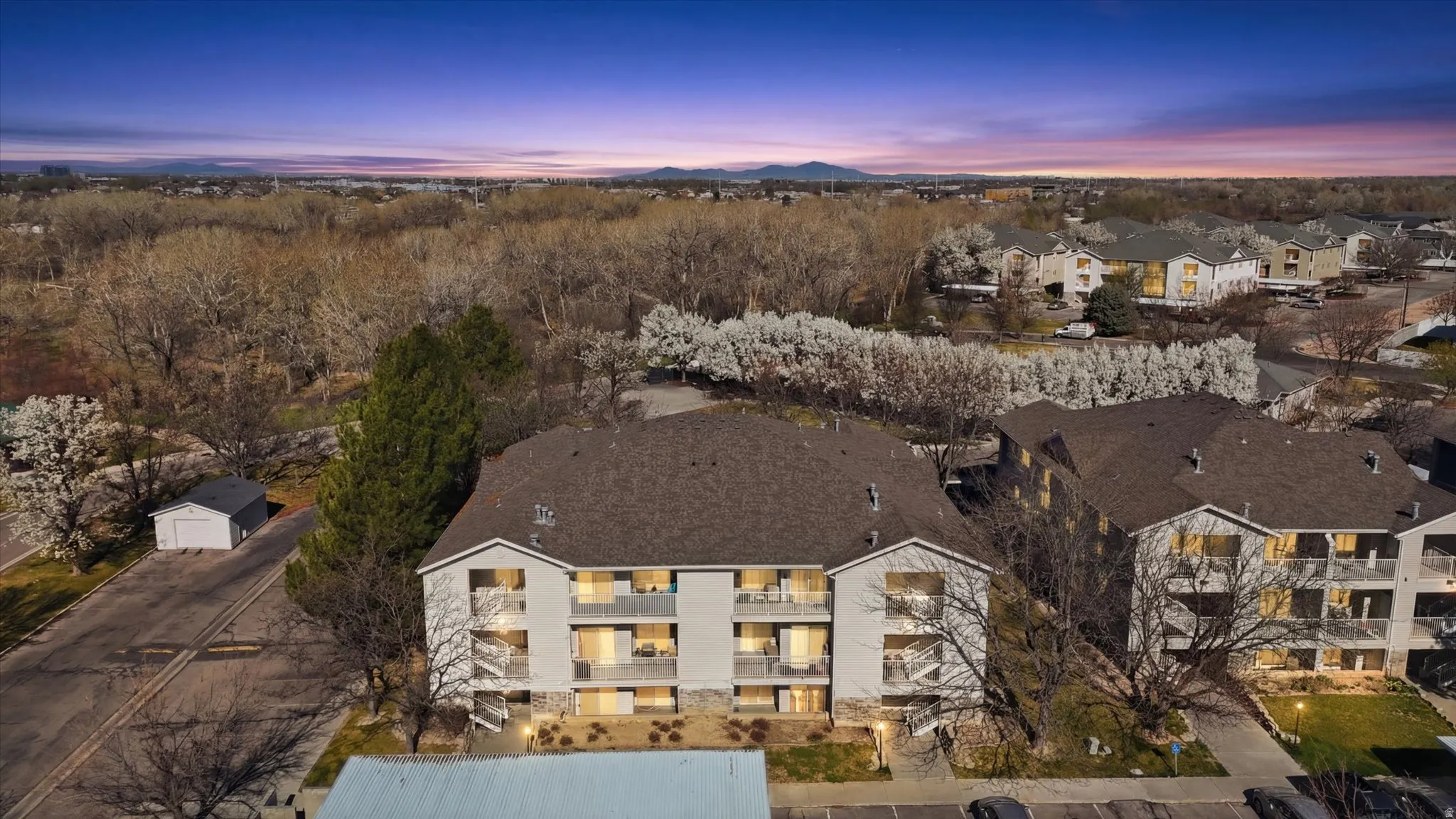 Aerial view at dusk of a residential view