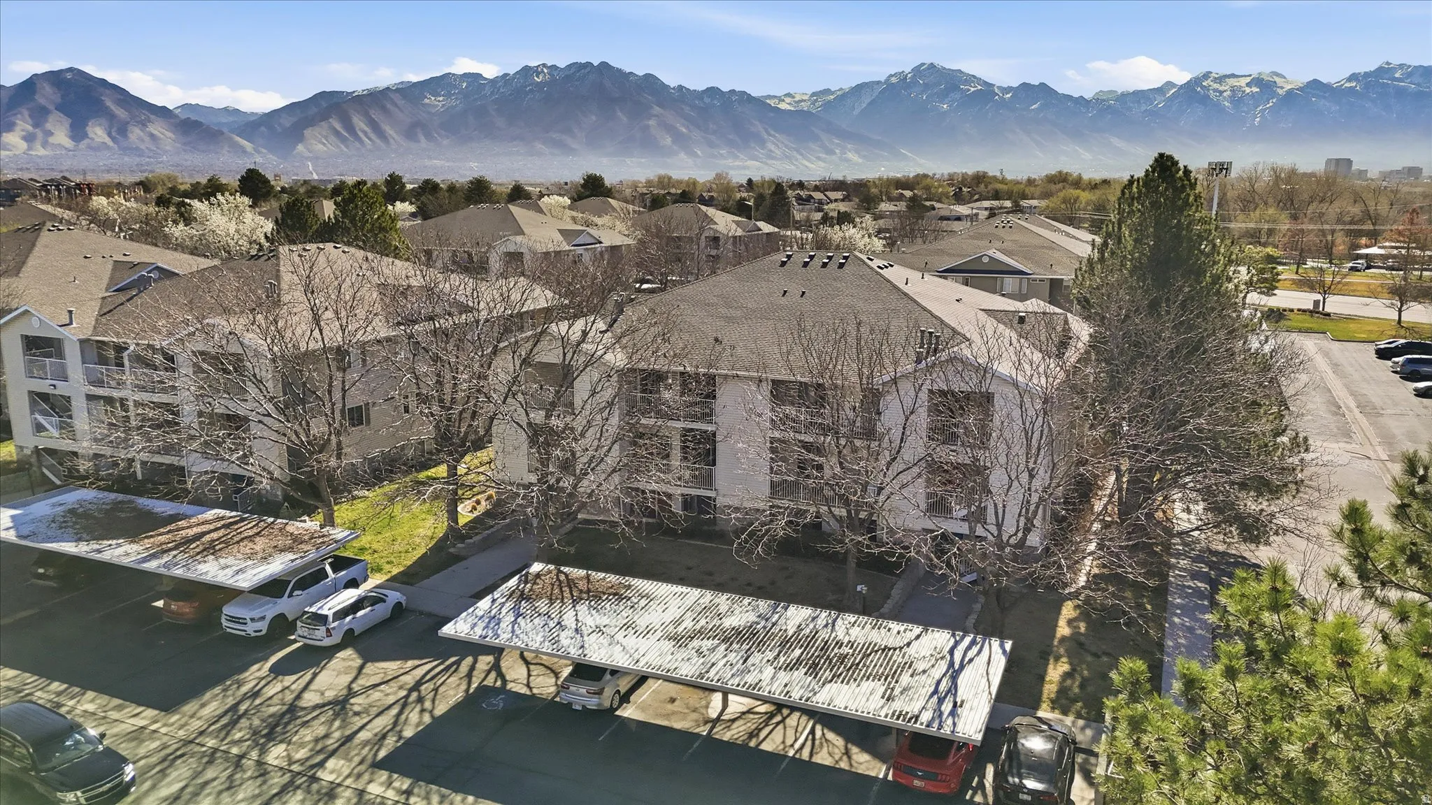 Aerial perspective of suburban area with mountains