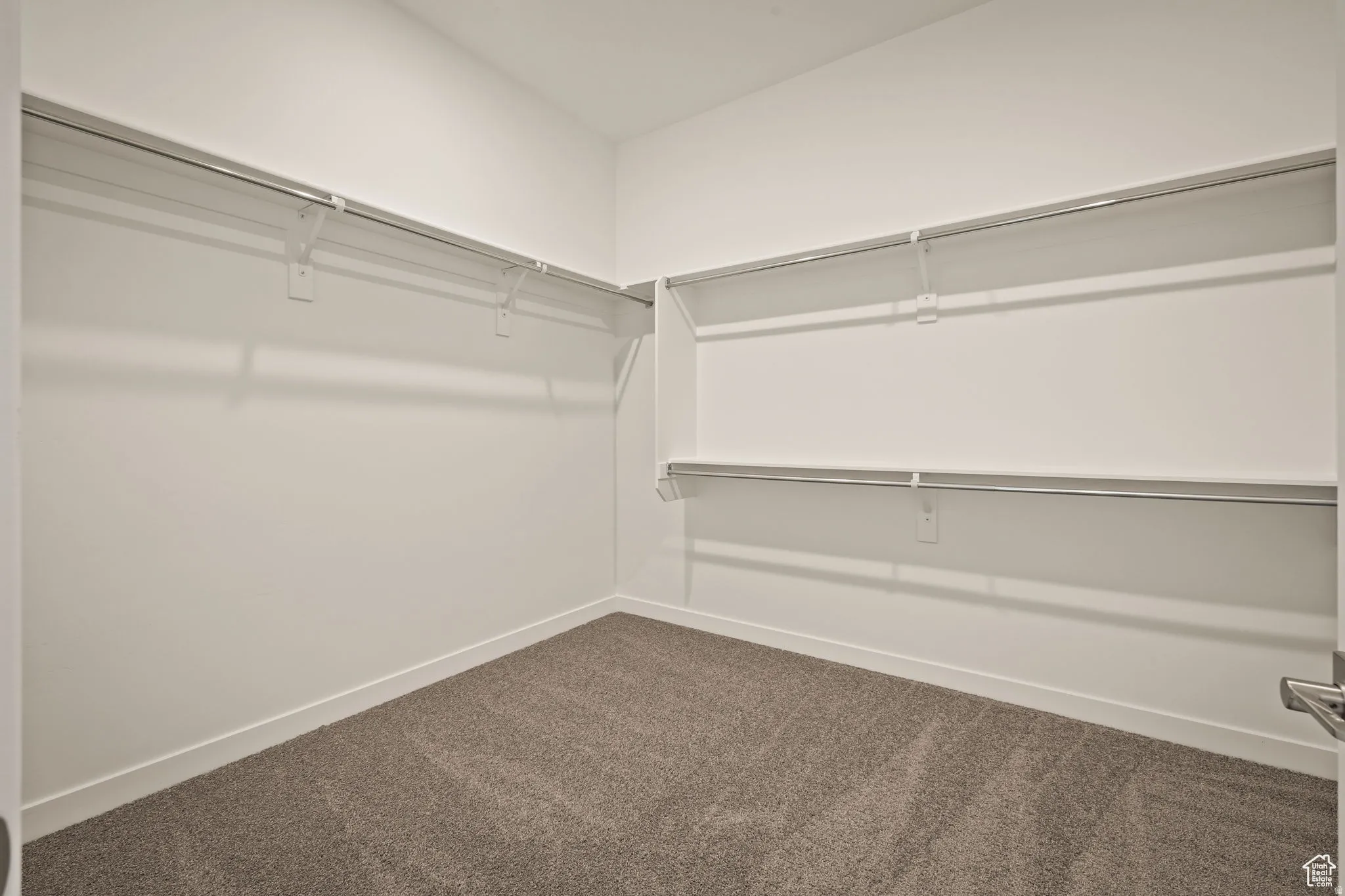 Walk in closet featuring dark colored carpet