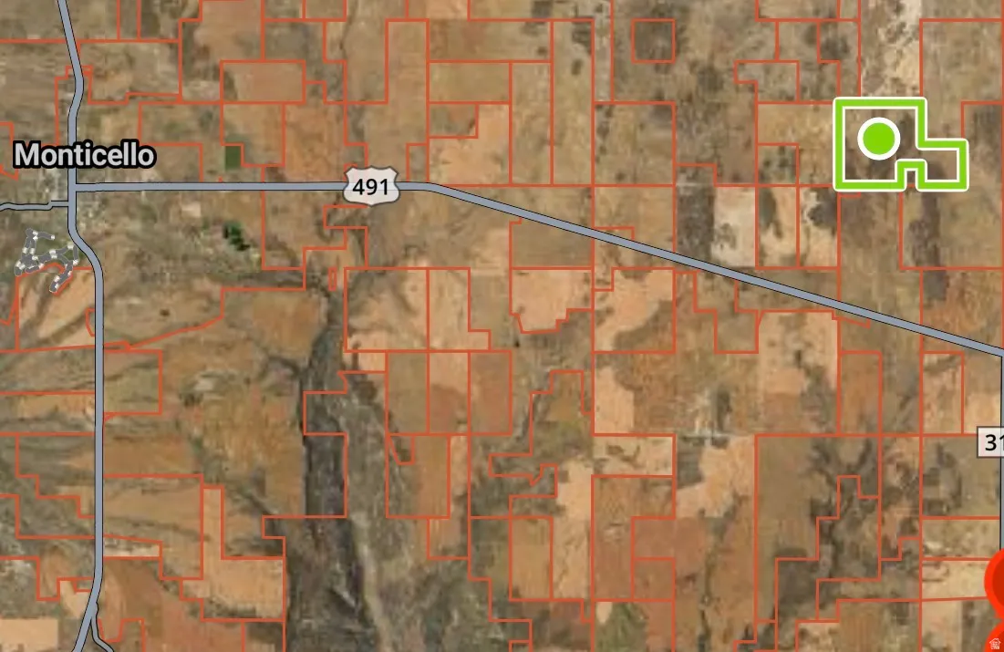 Property is outlined in green, east of monticello