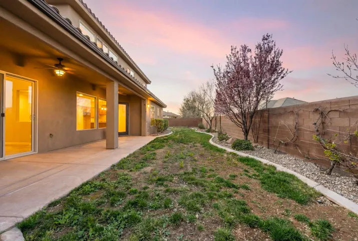 Fenced backyard featuring a ceiling fan and a patio area