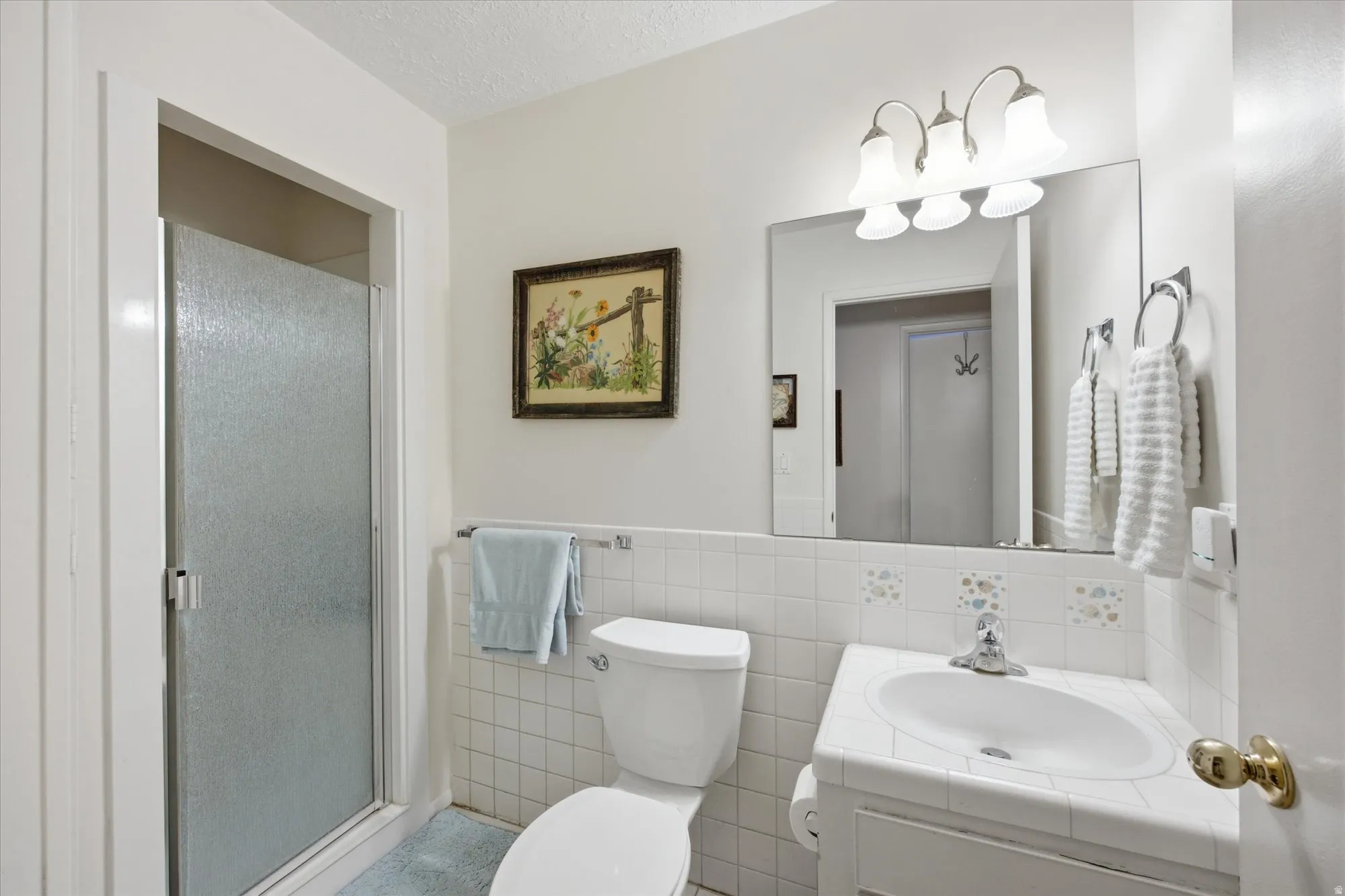 Full bathroom featuring vanity, a shower stall, tile walls, a textured ceiling, and a wainscoted wall