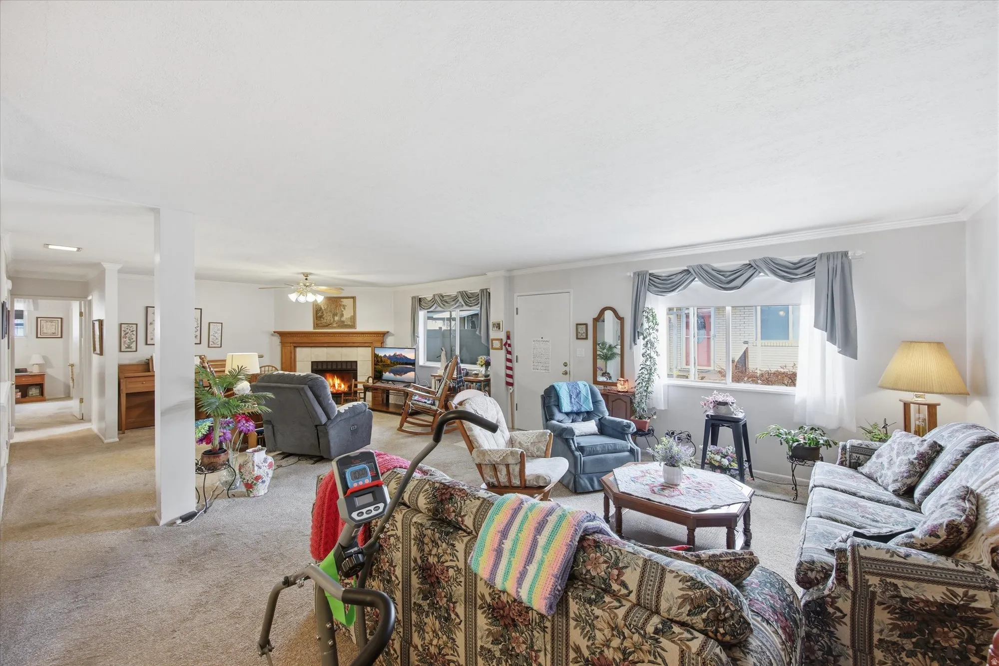 Living area featuring a fireplace, carpet, ornamental molding, and ceiling fan