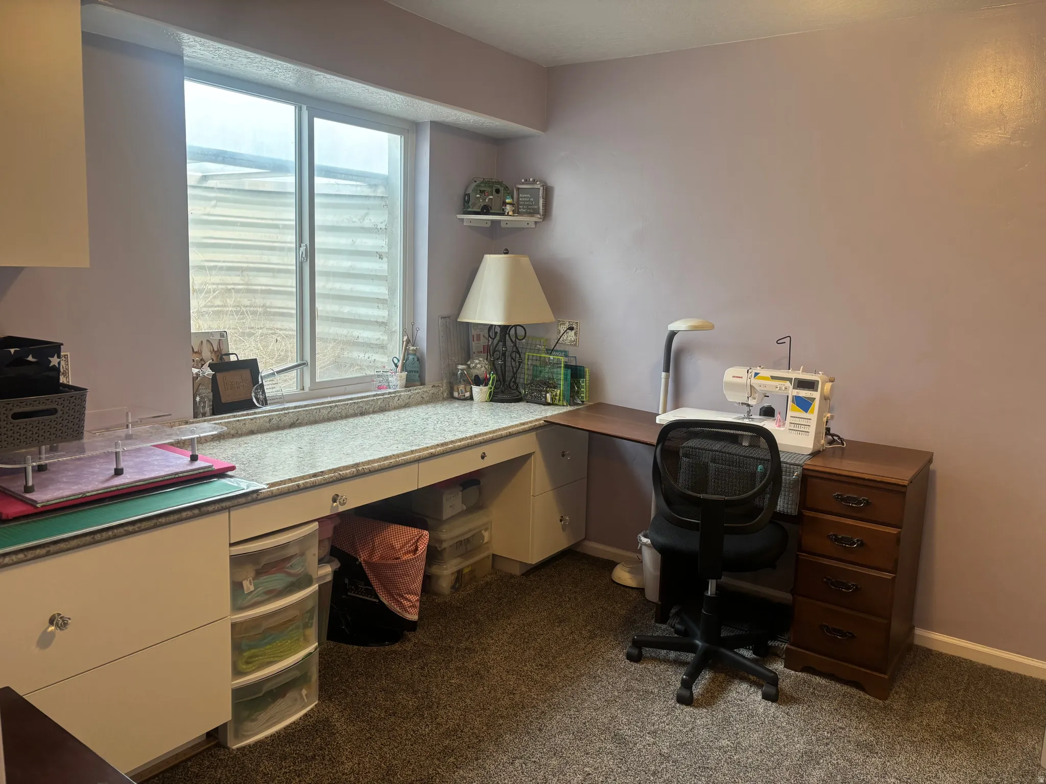Office space with dark carpet