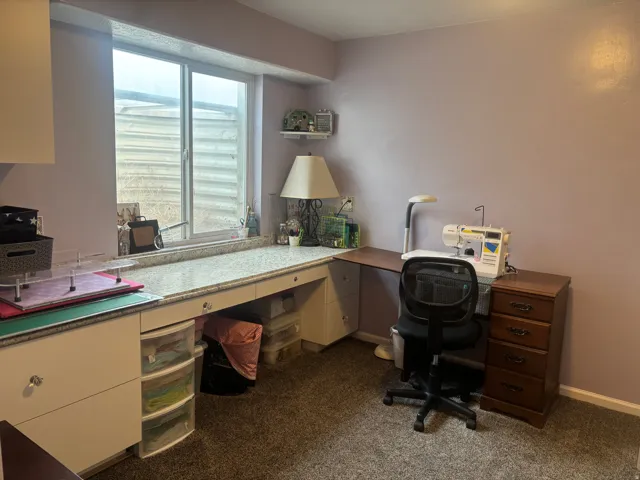 Office space with dark carpet