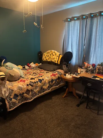 Bedroom with dark colored carpet