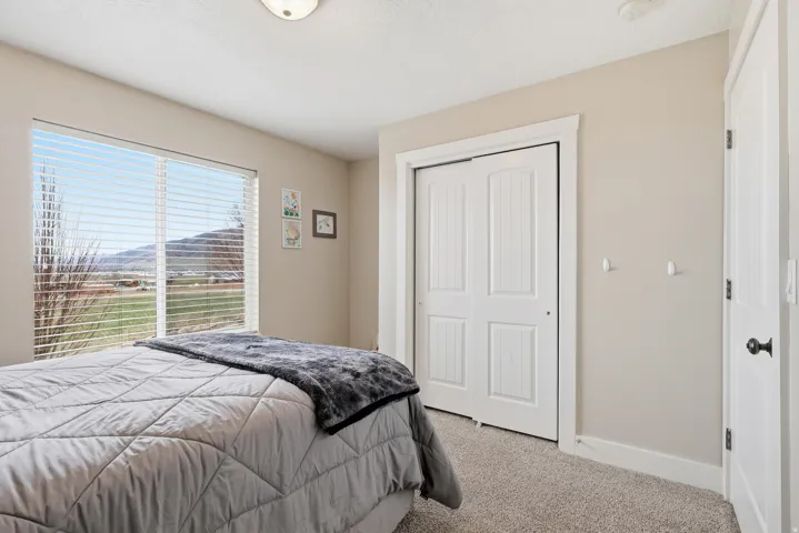 Carpeted bedroom with a closet and a mountain view