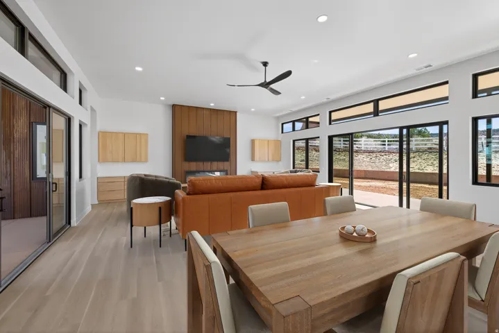 Dining area featuring ceiling fan, light wood-type flooring, and recessed lighting