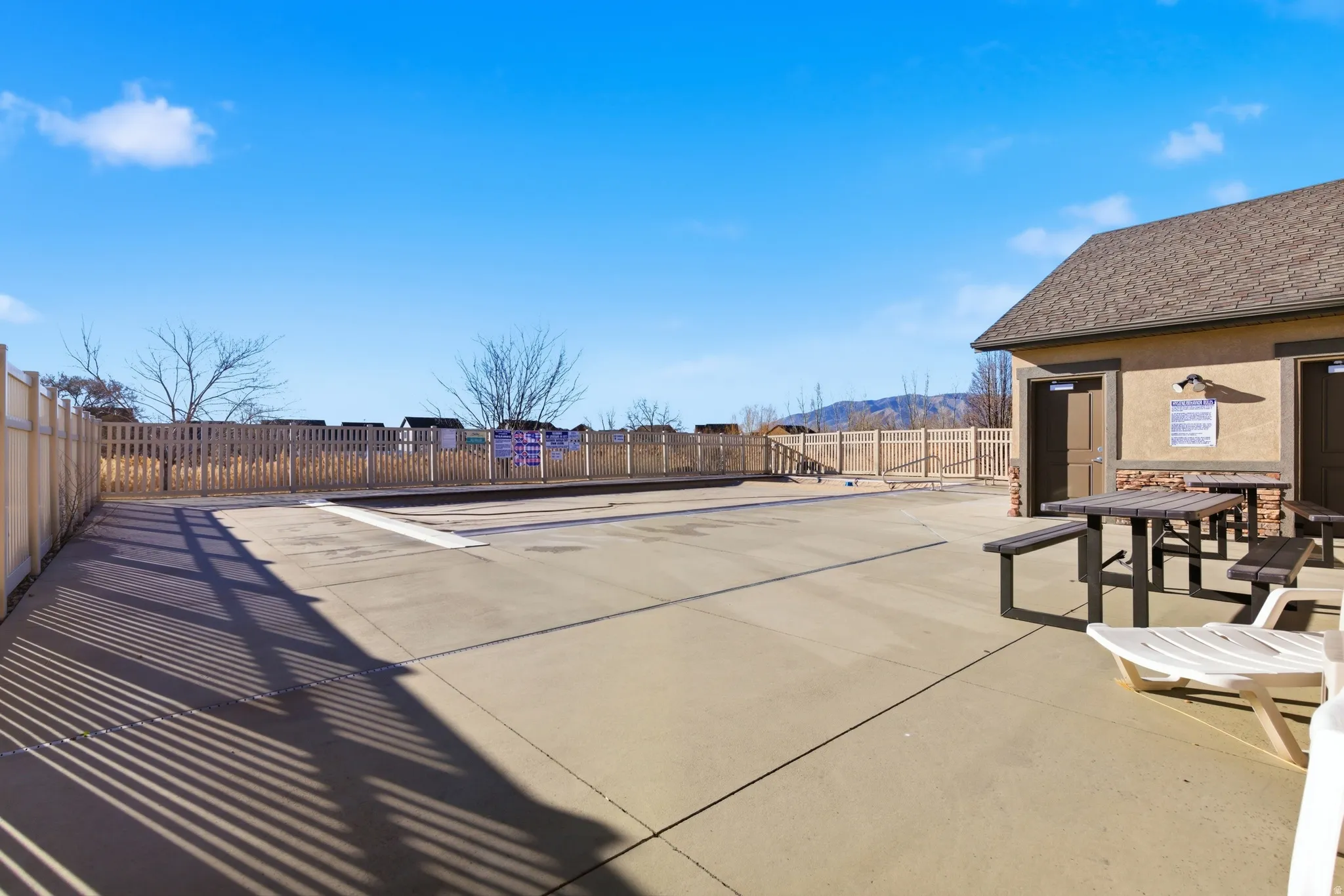 View of patio with a mountain view