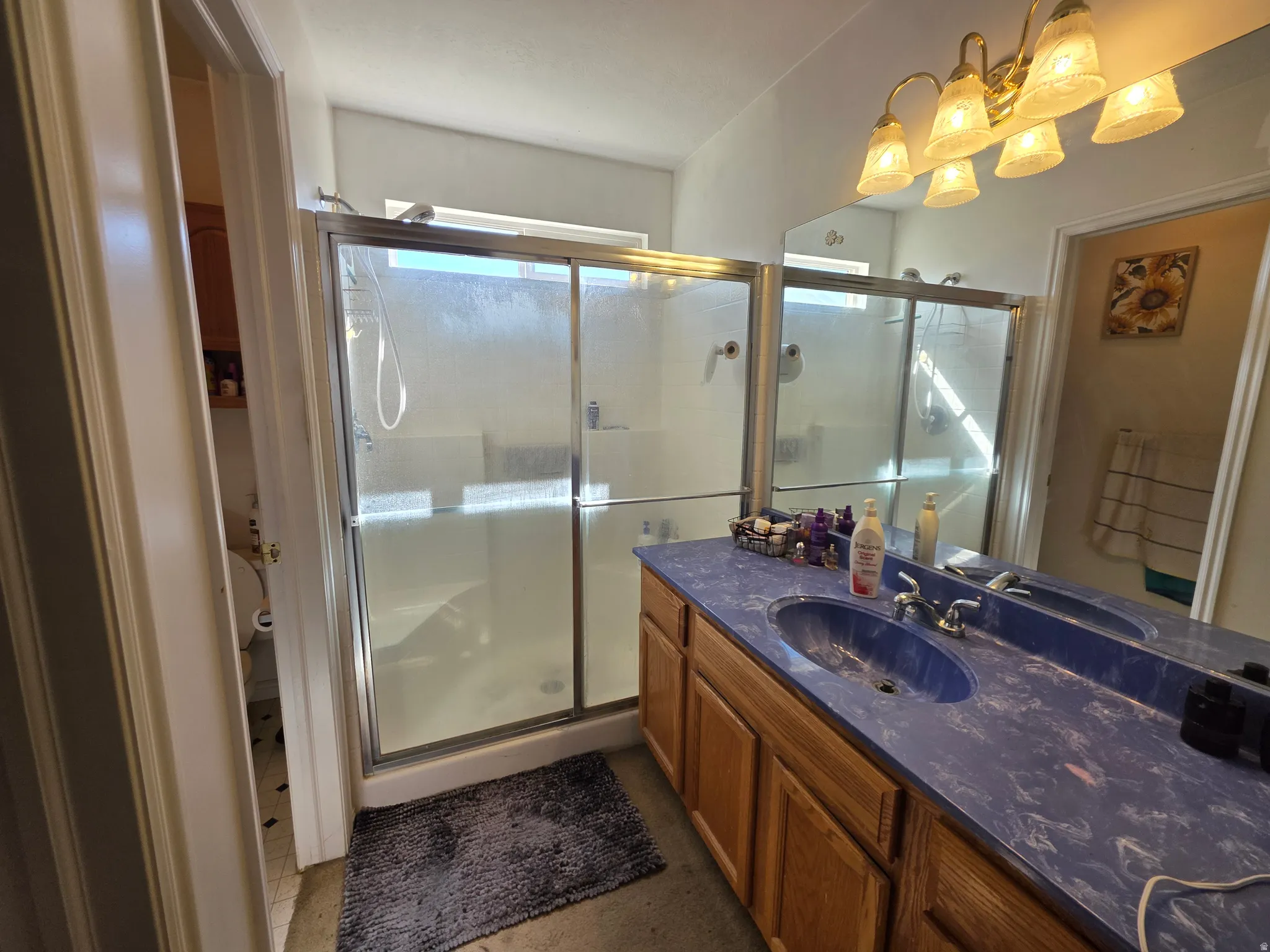 Bathroom with vanity and a stall shower