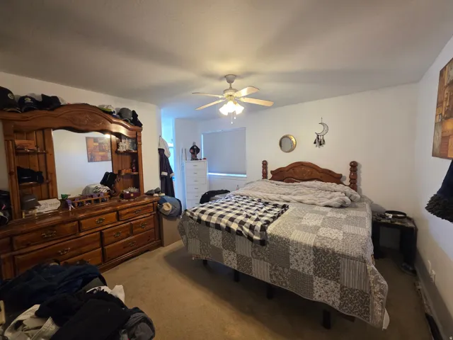 Carpeted bedroom with ceiling fan