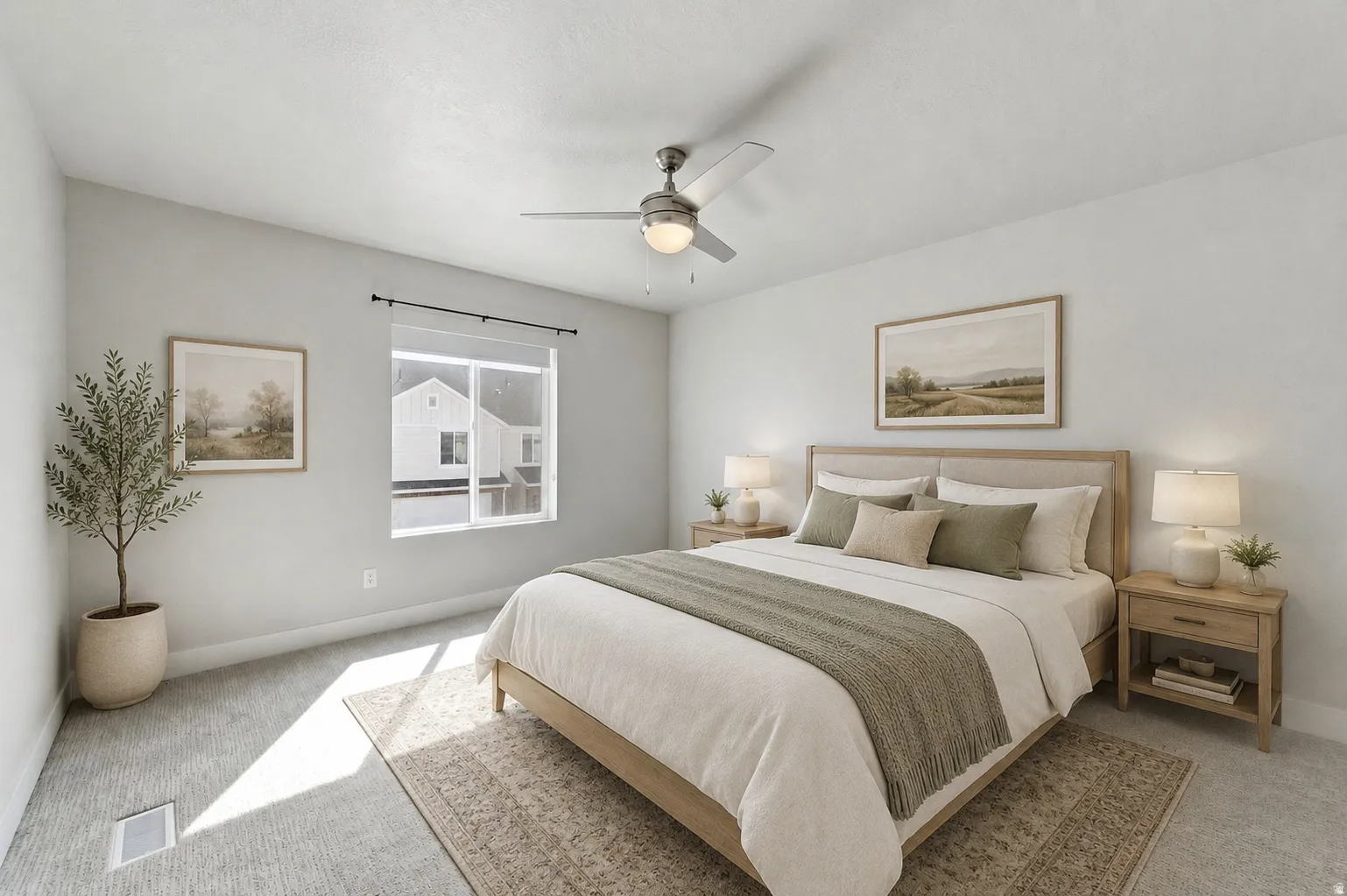 Carpeted bedroom featuring a ceiling fan with integrated lighting, a window with roller shades, and light-toned wall finishes