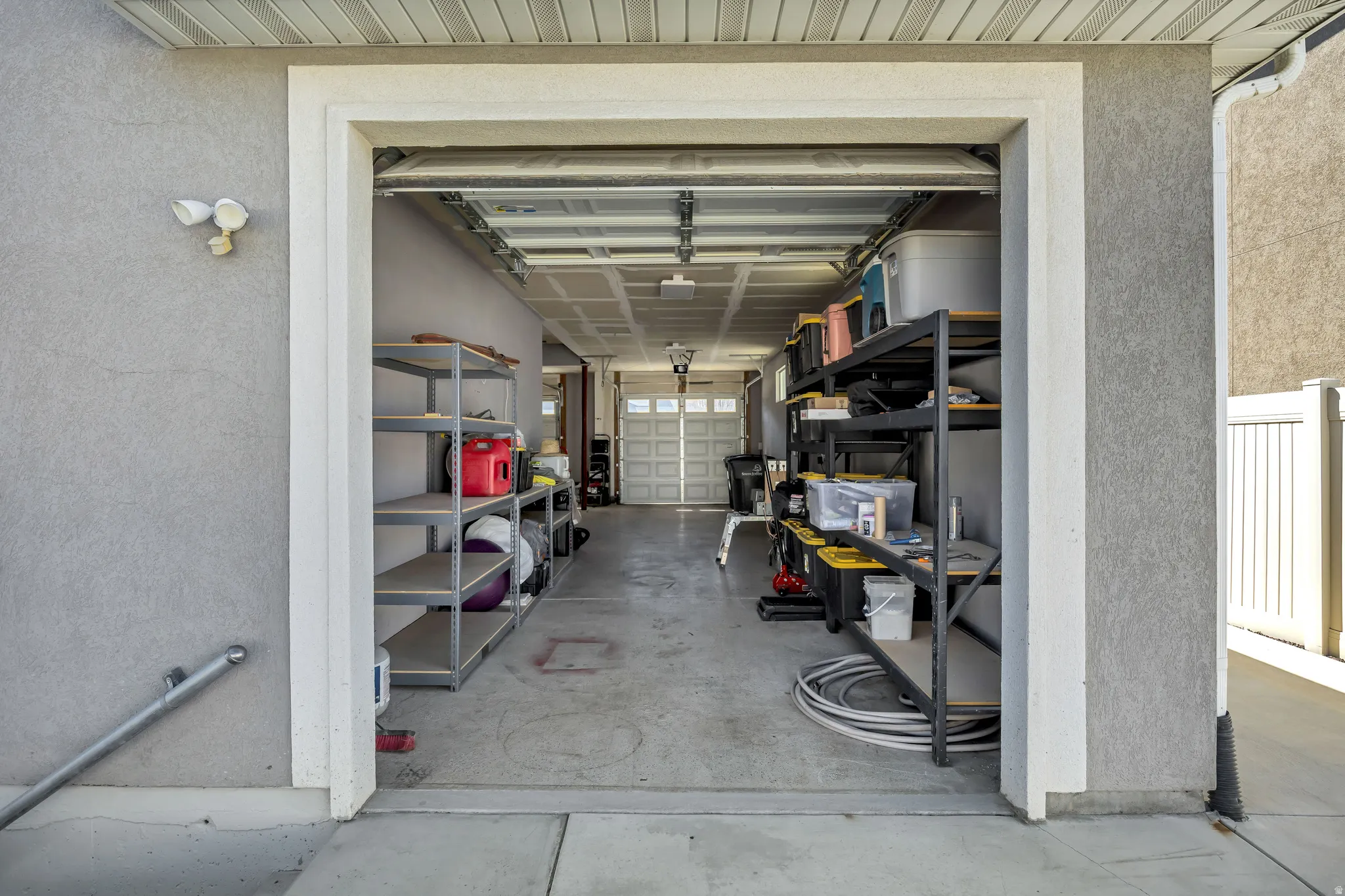 Garage with a textured wall