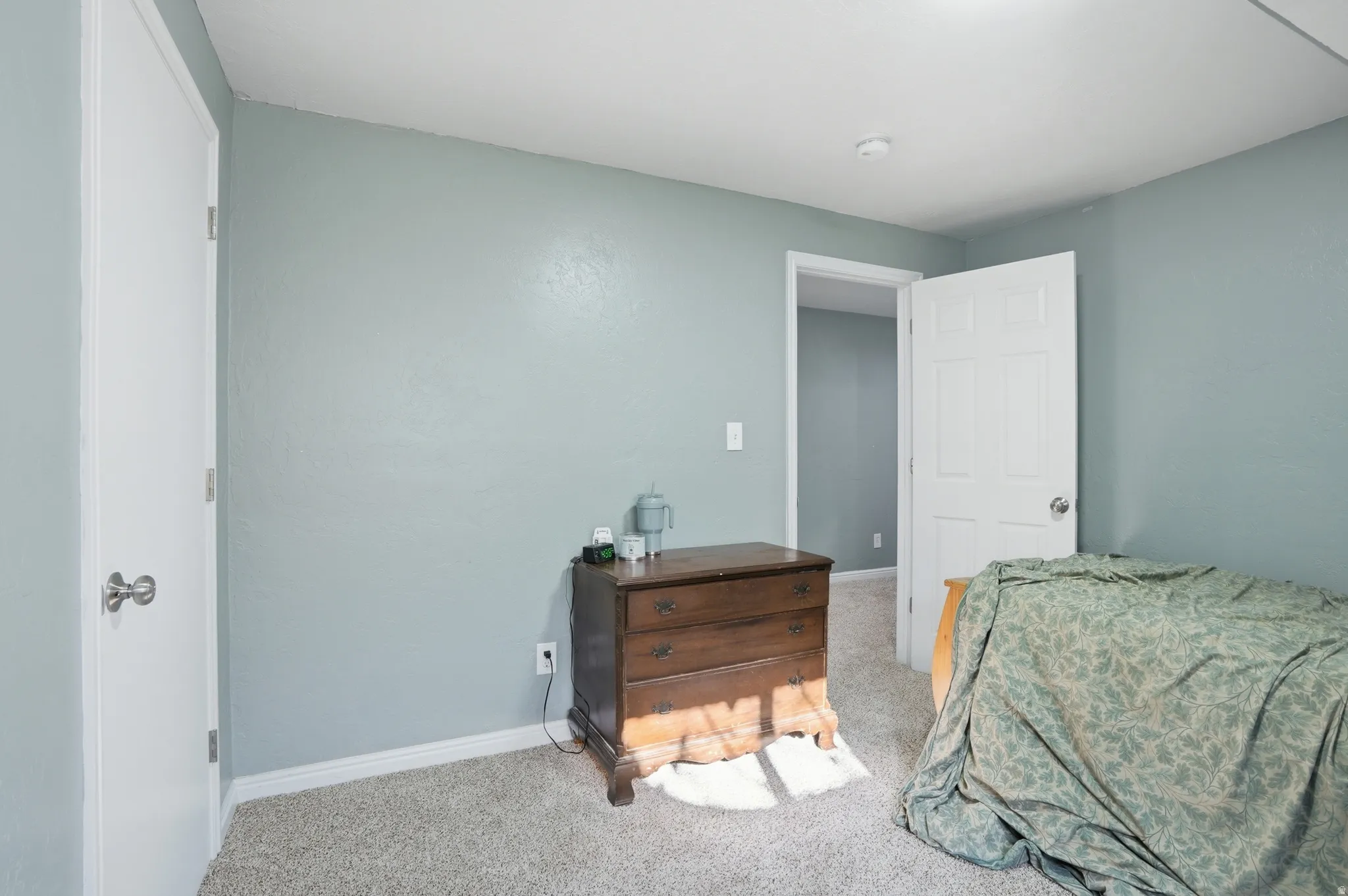 Bedroom featuring light colored carpet