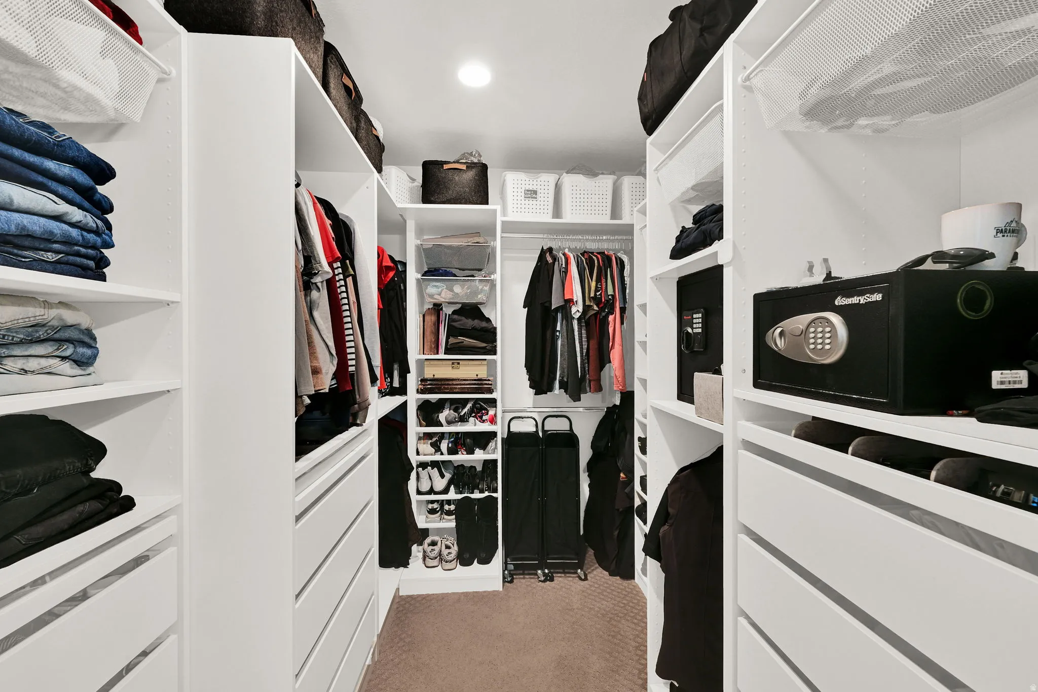 Walk in closet featuring light carpet
