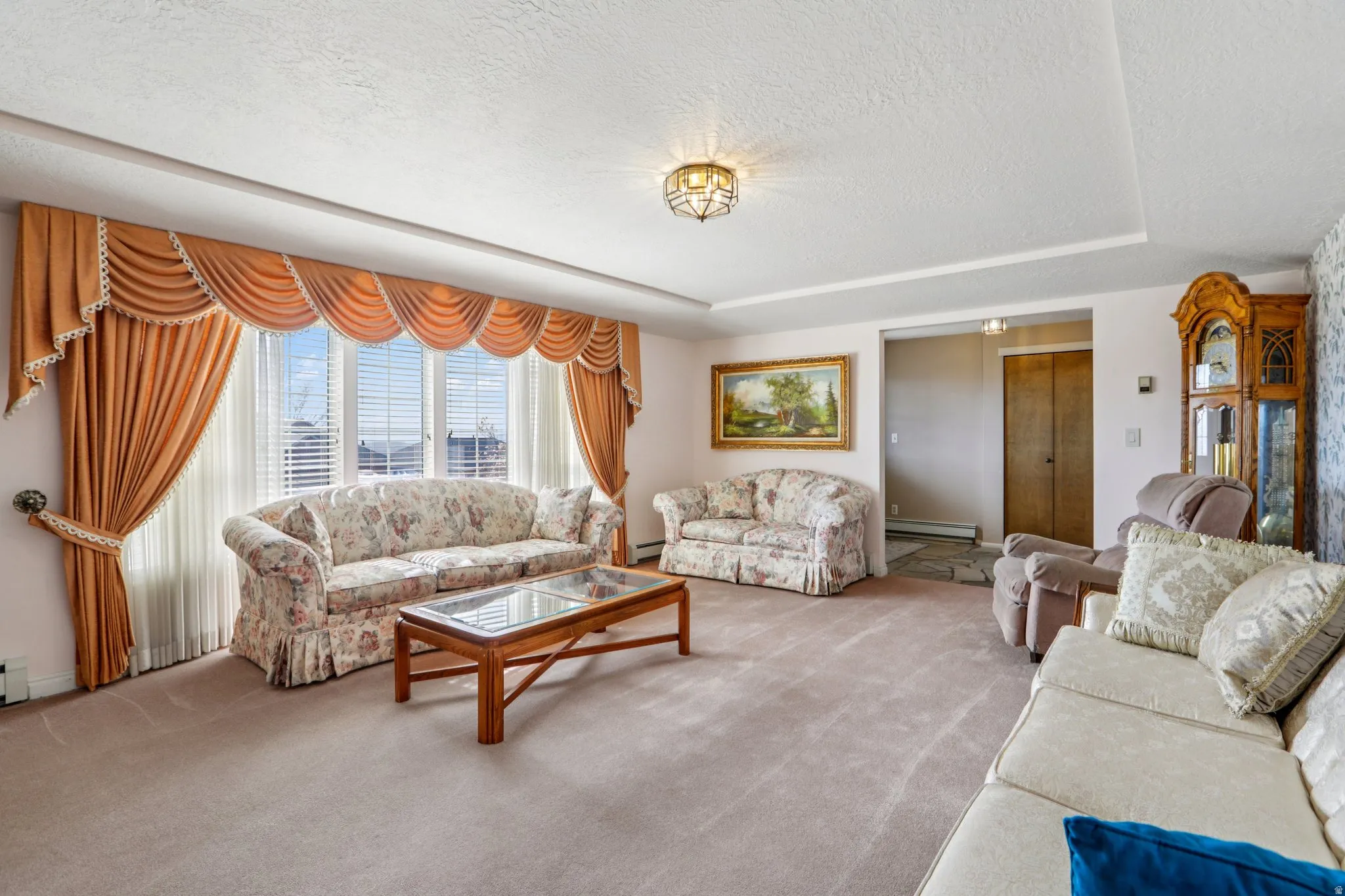 Carpeted living room with a textured ceiling and a baseboard radiator