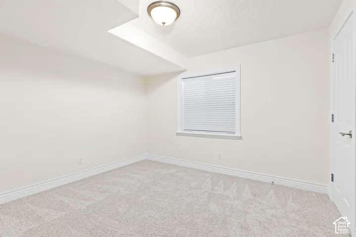 Neutral-toned carpeting, white walls, and a window with blinds