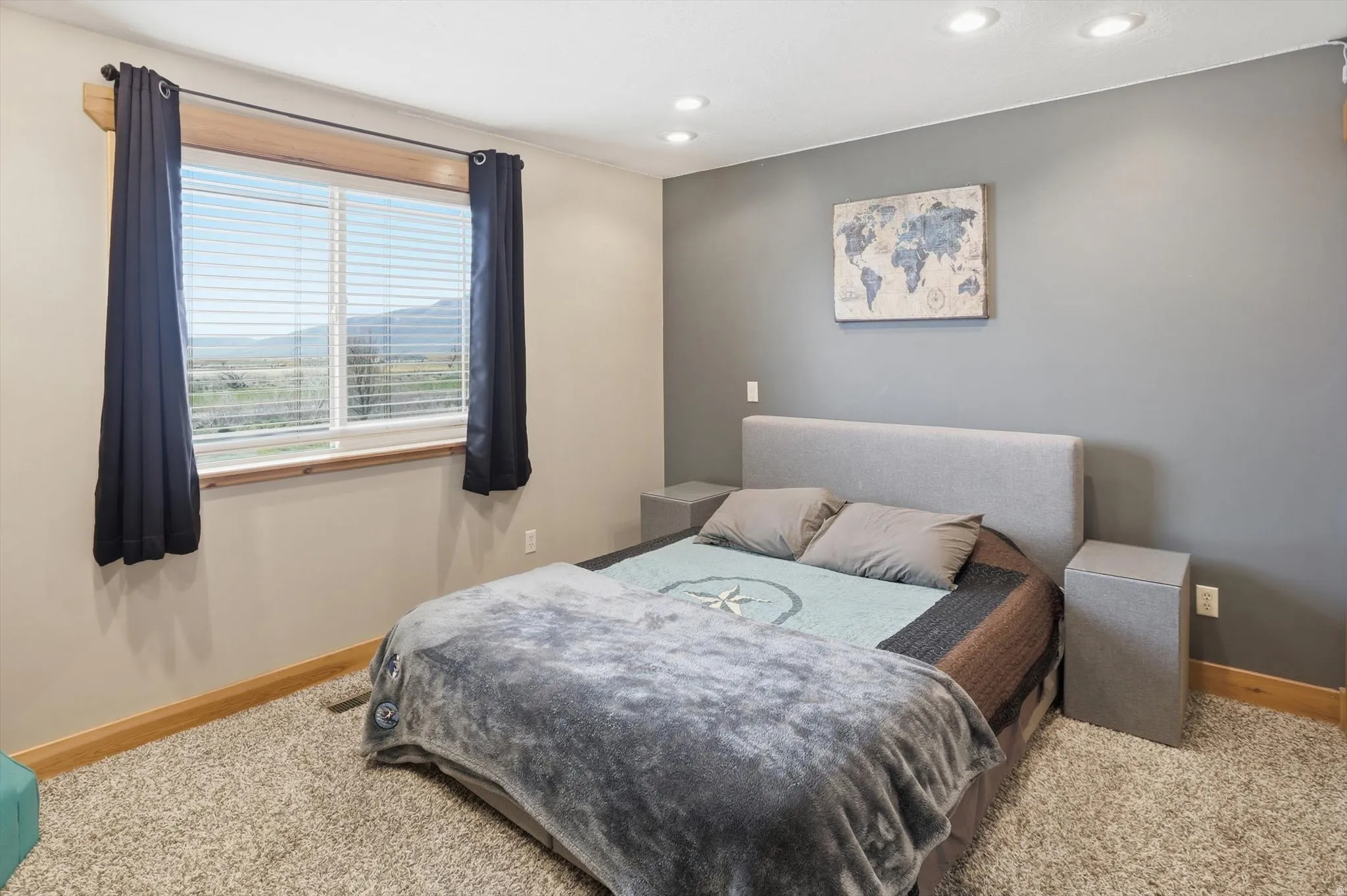 Bedroom featuring recessed lighting and light colored carpet