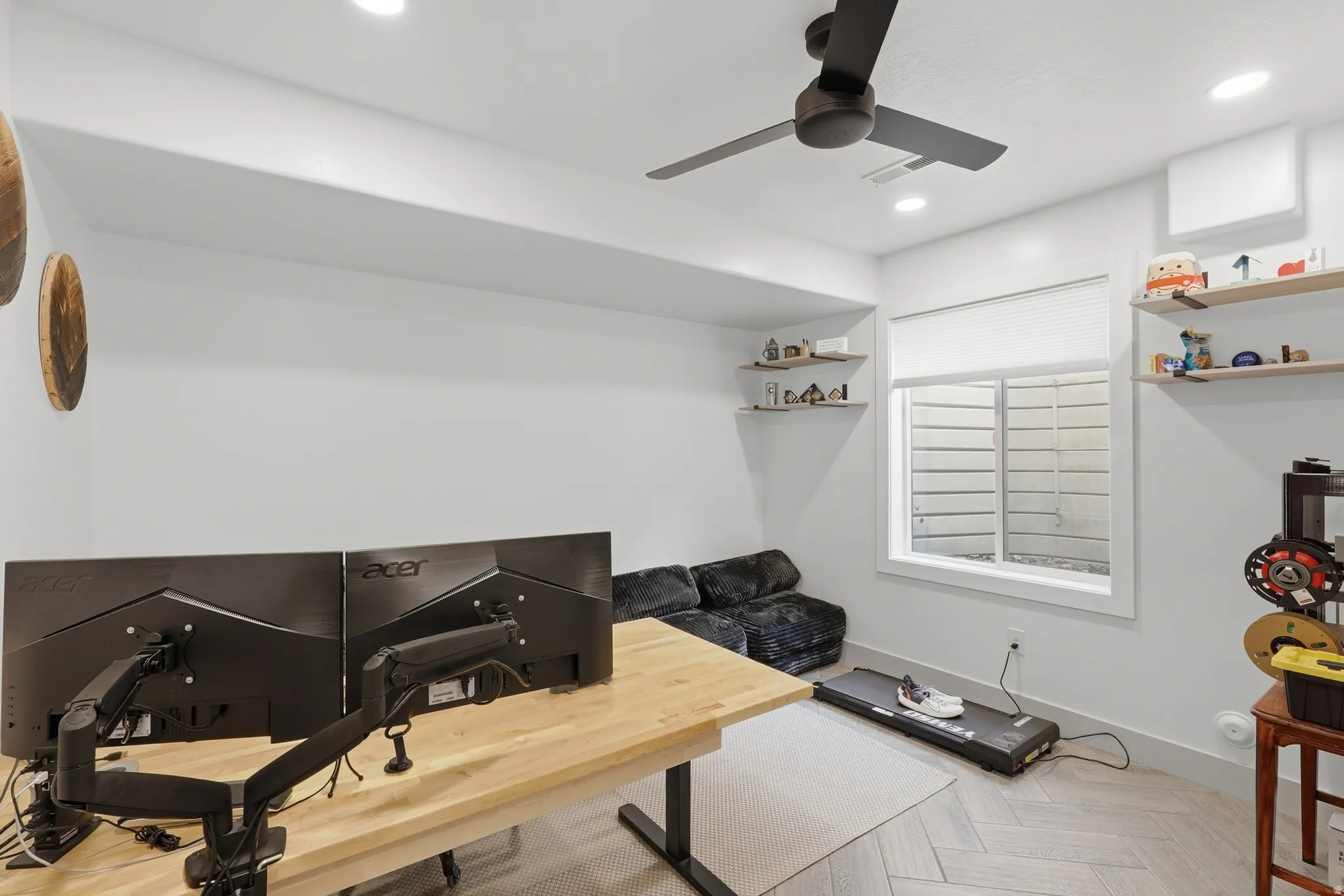 Miscellaneous room with parquet flooring, ceiling fan, recessed lighting, and an office area