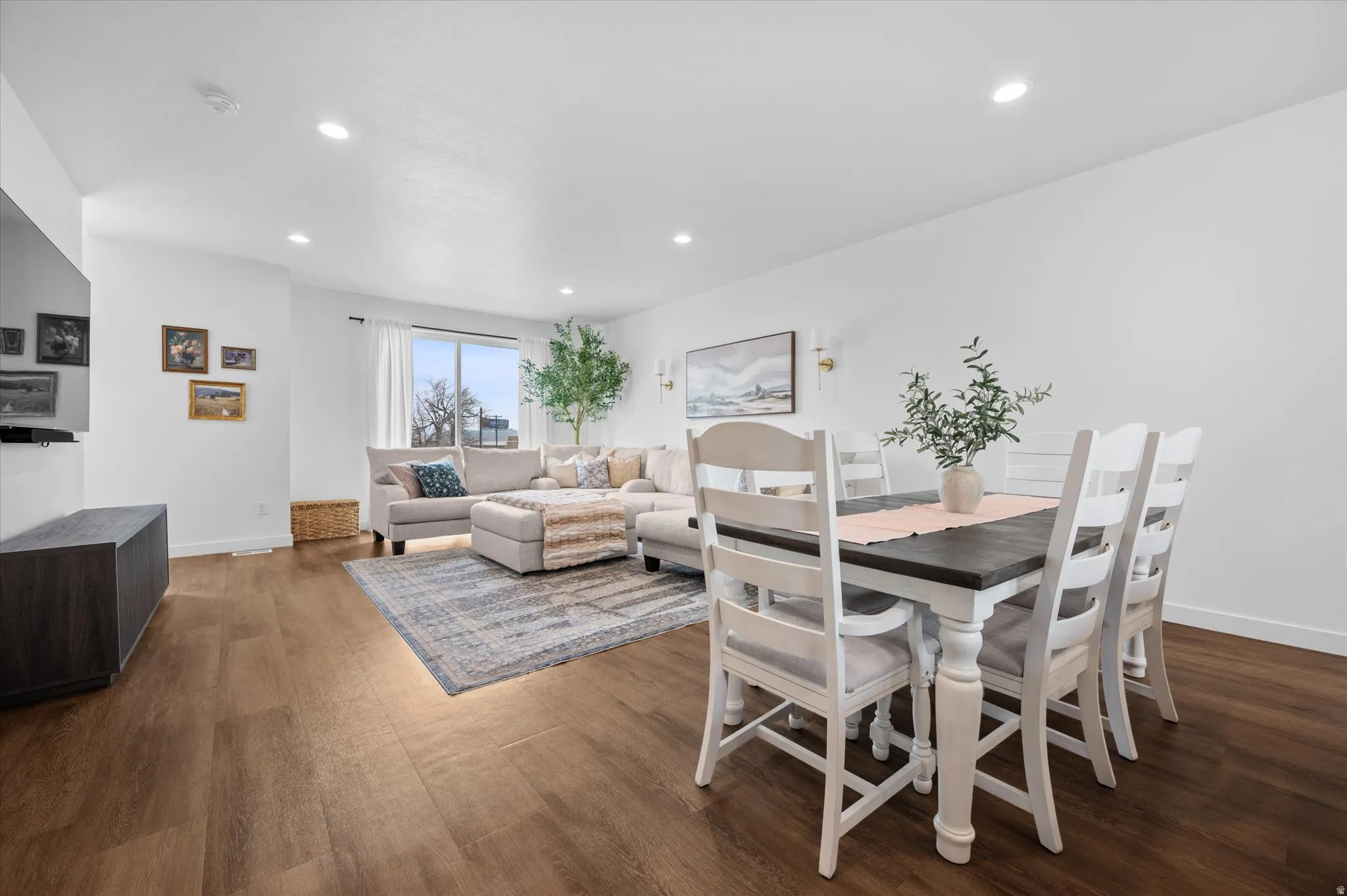 Large dining area fits up to 72" of table and seating space.