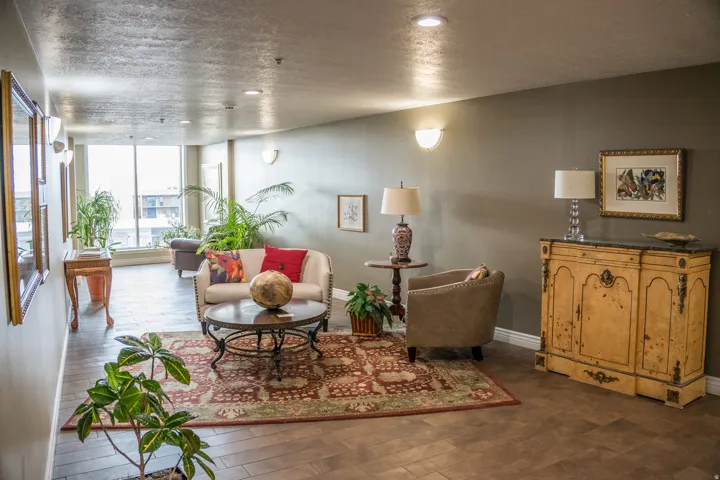 Building lobby with a textured ceiling and recessed lighting
