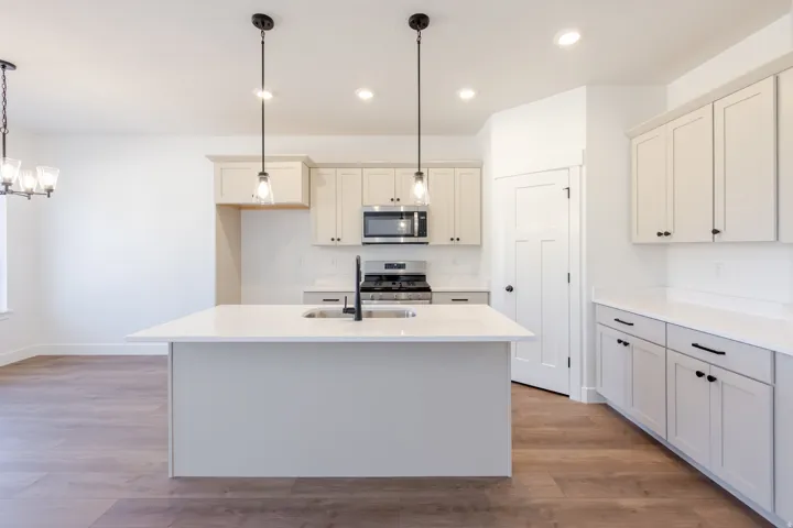 Kitchen featuring a central island with an undermount sink, pendant lighting, shaker-style cabinetry, stainless steel appliances, and wood-finish flooring