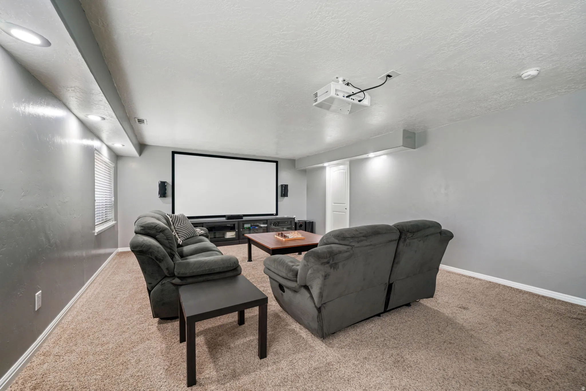 Cinema with carpet and a textured ceiling