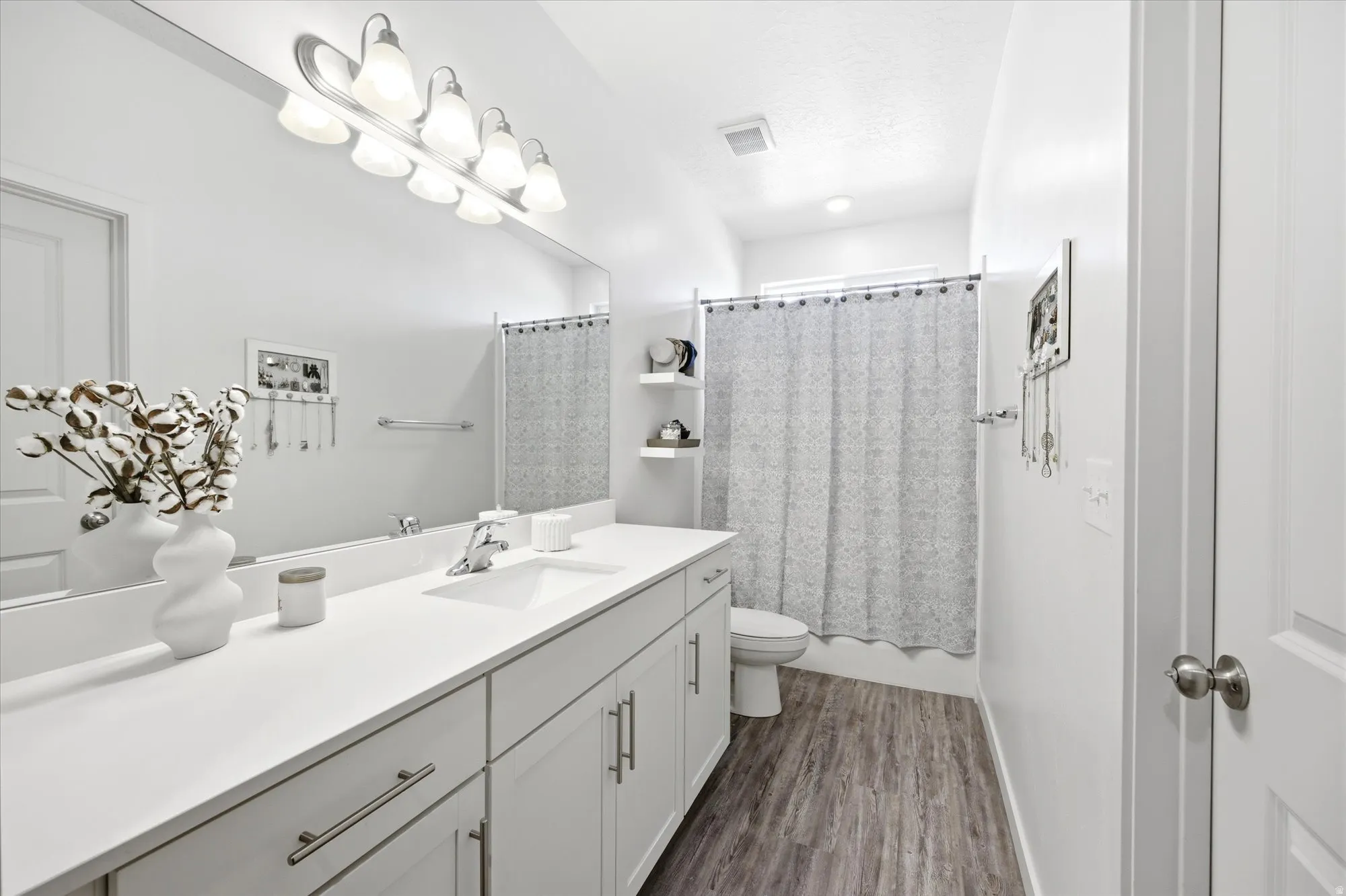 Full bathroom featuring vanity, dark wood-type flooring, and shower / bath combo