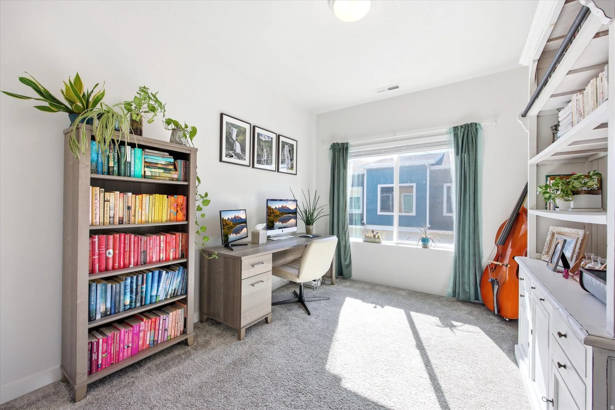 Office area with light colored carpet