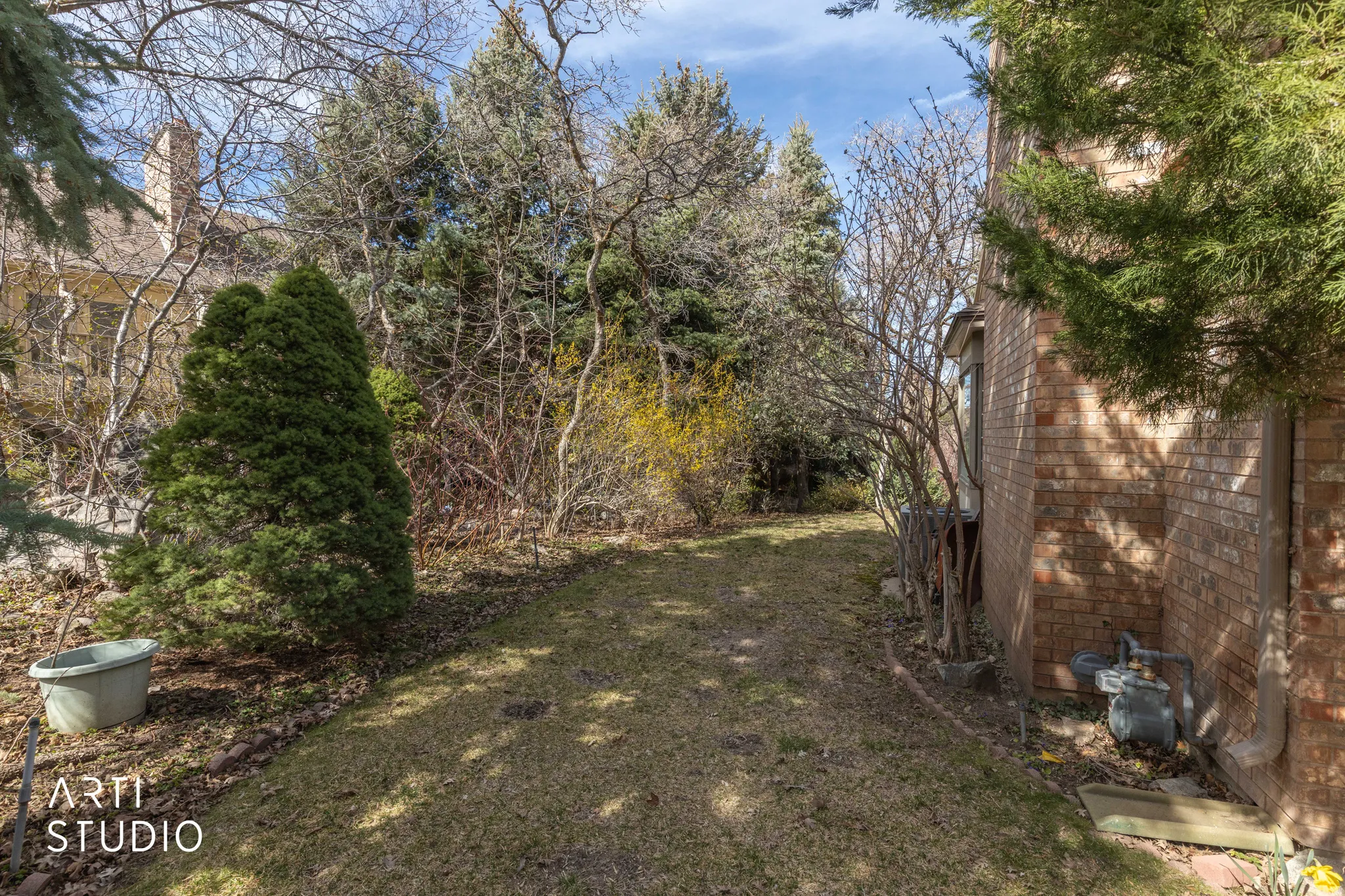 View of grassy yard featuring view of wooded area