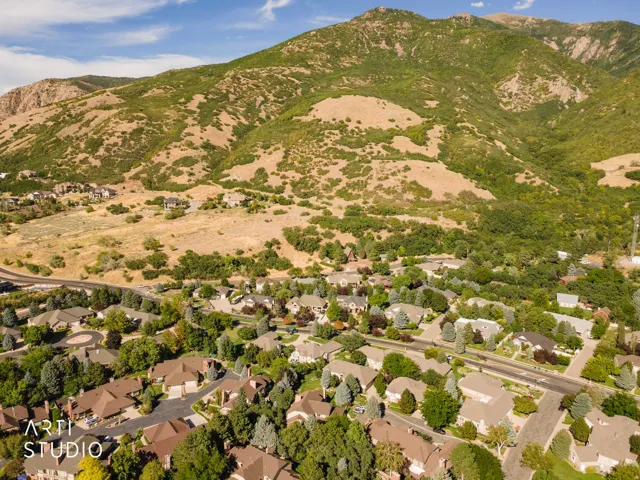 Residential neighborhood situated at the base of extensive mountains