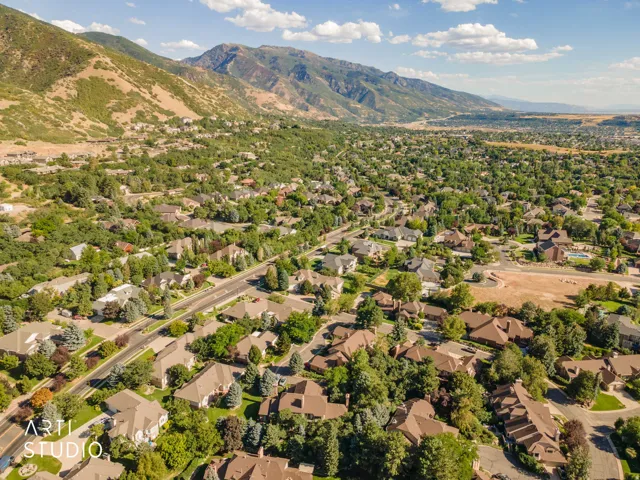 Mountain backdrop, extensive residential development, mature trees, varied rooflines, and a clear expanse of undeveloped land