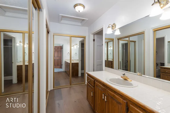 Full bath featuring vanity and dark wood-style flooring